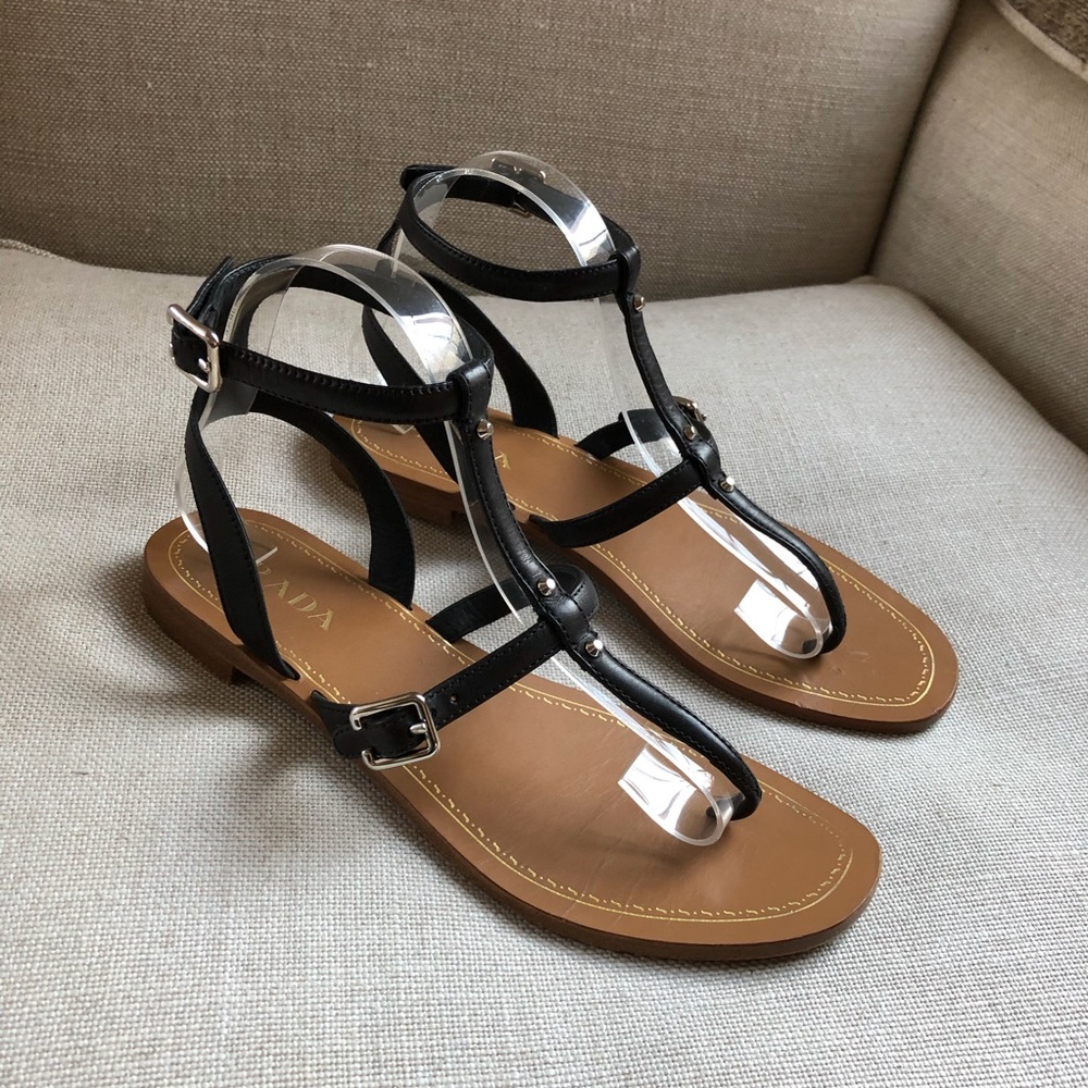 Prada Sandals Ankle Strap Black Buckle Studs Thong - Picture 2 of 8